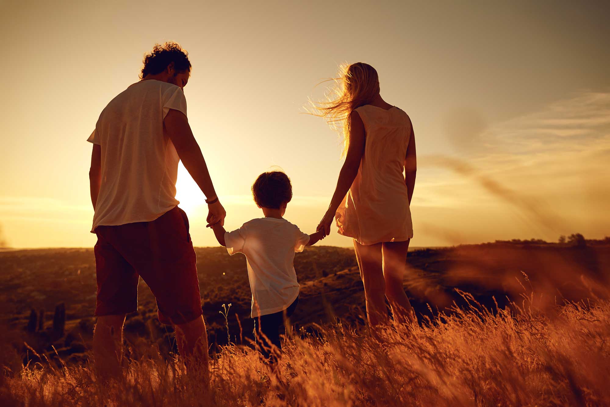 rear-view-of-family-standing-in-nature-at-sunset